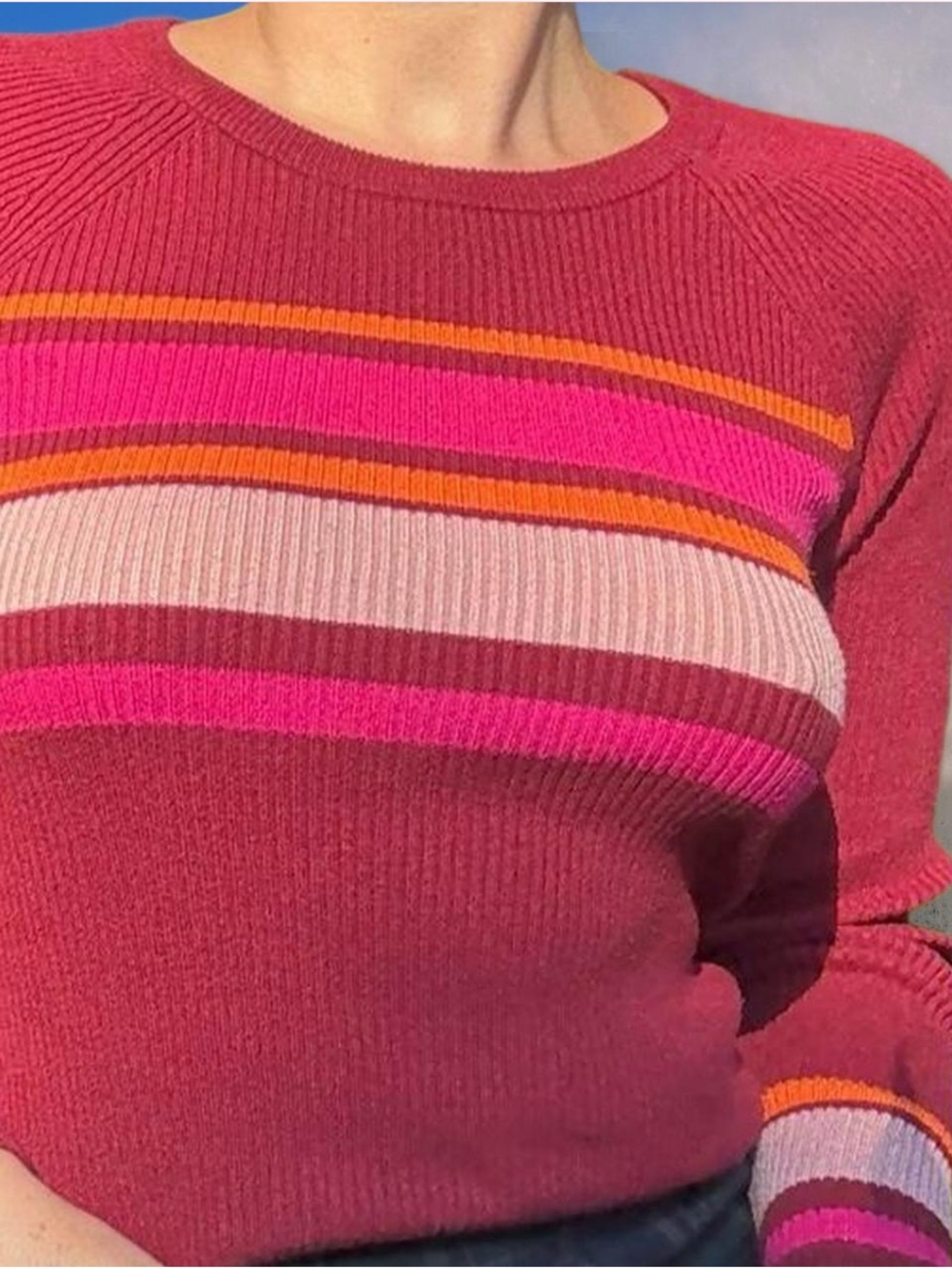 Iz Byer Burgundy Stripe Ribbed Crewneck Sweater